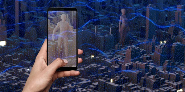 Metaverse world in smart phone displaying a simulated city on the screen people in the virtual world 3d illustration