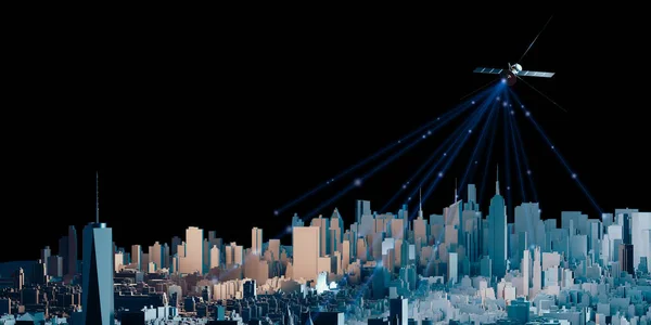 Jeladások Továbbítása Kommunikációs Műholdak Segítségével Égen Fővárosban Magas Épületekkel Illusztráció — Stock Fotó