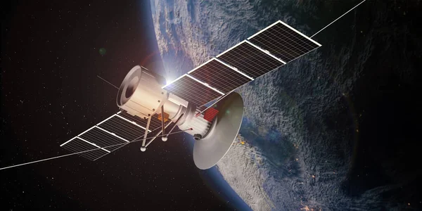 Uzayda yüzen iletişim uydusu, arka planda bir küre ile uydu üç boyutlu illüstrasyon yoluyla iletiliyor.