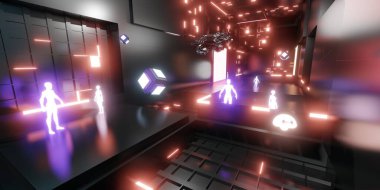 Metaverse dünyasının sanal dünyasındaki avatar VR kameralar sanal dünya şehri ve insanlar 3 boyutlu illüstrasyon