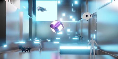 Metaverse dünyasının sanal dünyasındaki avatar VR kameralar sanal dünya şehri ve insanlar 3 boyutlu illüstrasyon