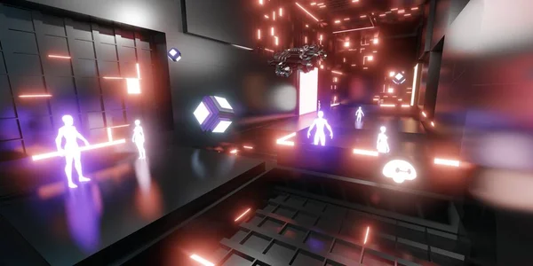 Metaverse dünyasının sanal dünyasındaki avatar VR kameralar sanal dünya şehri ve insanlar 3 boyutlu illüstrasyon