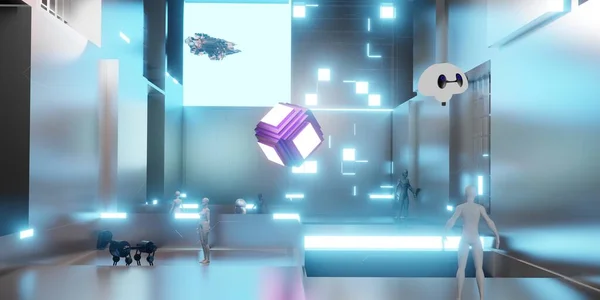 Metaverse dünyasının sanal dünyasındaki avatar VR kameralar sanal dünya şehri ve insanlar 3 boyutlu illüstrasyon