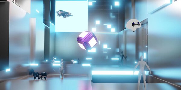 avatar in virtual world of Metaverse world vr glasses VR camera virtual world city and people 3d illustration