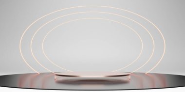 Lazer halka sahnesi ZEN konsepti basit minimal beyaz ekran standı neon ışığı arkaplan 3d illüstrasyon