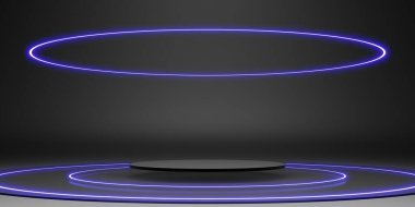 Lazer halka sahne görüntüsü siyah neon parıltısı arkaplan koyu 3d illüstrasyon