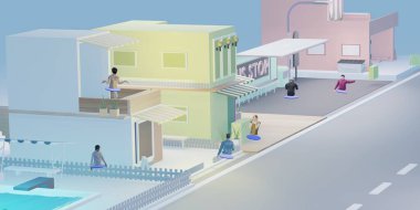 Metaverse Partisi 'nde ve Metaverse dünyasındaki VR kameralar ve kum havuzu 3D illüstrasyonları aracılığıyla çevrimiçi toplantılarda görünenler