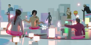 Metaverse Partisi 'nde ve Metaverse dünyasındaki VR kameralar ve kum havuzu 3D illüstrasyonları aracılığıyla çevrimiçi toplantılarda görünenler