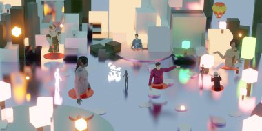 Metaverse Partisi 'nde ve Metaverse dünyasındaki VR kameralar ve kum havuzu 3D illüstrasyonları aracılığıyla çevrimiçi toplantılarda görünenler