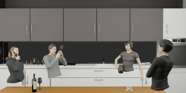 Metaverse dünyasındaki VR kameralar ve kum havuzu 3 boyutlu illüstrasyon aracılığıyla Metaverse Çevrimiçi toplantılarda Halkın Mutfak Partisi Görselleri
