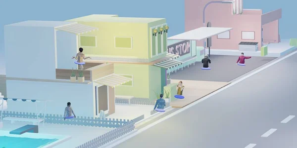 Metaverse Partisi 'nde ve Metaverse dünyasındaki VR kameralar ve kum havuzu 3D illüstrasyonları aracılığıyla çevrimiçi toplantılarda görünenler