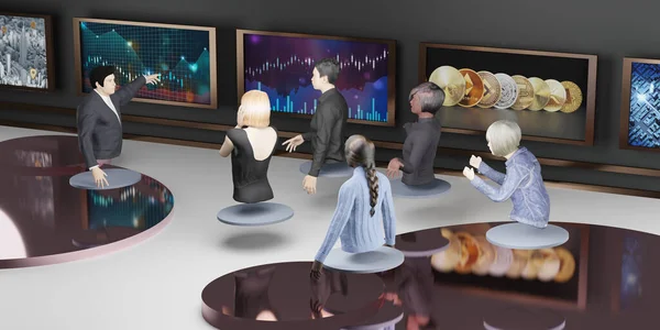 Metaverse City VR kamera sınıfları ve Metaverse dünya partisindeki toplantılar insanlar kum havuzu 3D çizimlerinde avatarlar