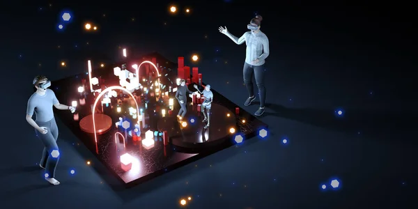 Metaverse Partisinde Görseller Sosyal ve Metaverse dünyalarında Sohbet VR ve Sandbox 3D illüstrasyon