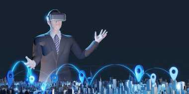 Metaverse City VR gözlükleri Taşımacılık işi Hologram GPS haritası simülatörü Metaverse 3D illüstrasyonda İniş Görselleri