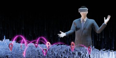 Metaverse City VR gözlükleri Taşımacılık işi Hologram GPS haritası simülatörü Metaverse 3D illüstrasyonda İniş Görselleri