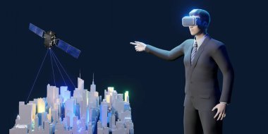 Metaverse City VR gözlükleri Taşımacılık işi Hologram GPS haritası simülatörü Metaverse 3D illüstrasyonda İniş Görselleri