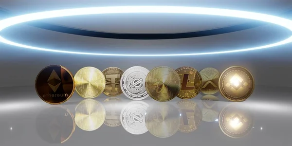 Bitcoin Kripto Para Birimi Futuristik Skyline Arkaplan Teknolojisi Modern Soyut 3D İllüstrasyon