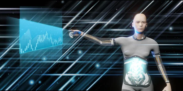 Roboterhand Und Börse Hintergrund Hologramm Graph Aktienhandel Zukunft Robotertechnologie Illustration — Stockfoto