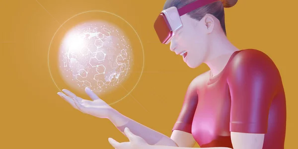 Holograma Globo Mujer Usando Gafas Realidad Virtual Tecnología Navegación Planificación — Foto de Stock