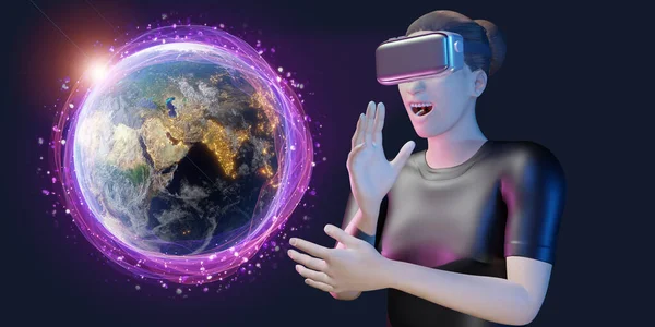 Holograma Globo Mujer Usando Gafas Realidad Virtual Tecnología Navegación Planificación — Foto de Stock