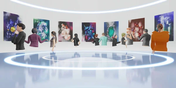 Metaverse dünyası NFT Sanat Galerisi Görseller ve VR Gözlükleri 3D İllüstrasyonlar