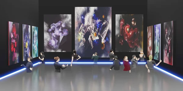 Metaverse dünyası NFT Sanat Galerisi Görseller ve VR Gözlükleri 3D İllüstrasyonlar
