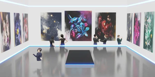 Metaverse dünyası NFT Sanat Galerisi Görseller ve VR Gözlükleri 3D İllüstrasyonlar
