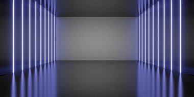 Altıgen lazer odası arka planı Neon ışık teknolojisi tarzı zemin ve duvar 3D illüstrasyon