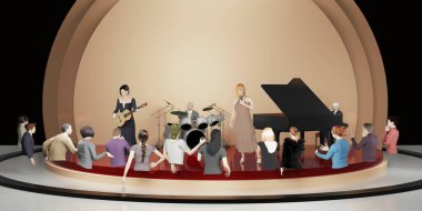 Metaverse konser avatarları ve çevrimiçi müzik performansları Metaverse 3D illüstrasyonlar dünyasında VR gözlükleri aracılığıyla