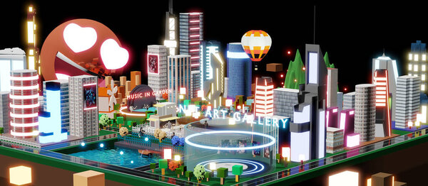 Avatars in the Metaverse World of the sandbox Land in the sandbox through VR glasses in the world of Metaverse 3D illustrations