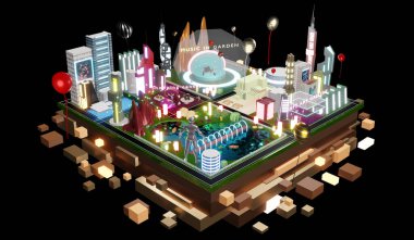 Metaverse Partisi 'nde ve Metaverse dünyasındaki VR kameralar ve kum havuzu 3D illüstrasyonları aracılığıyla çevrimiçi toplantılarda görünenler