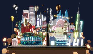 Metaverse Partisi 'nde ve Metaverse dünyasındaki VR kameralar ve kum havuzu 3D illüstrasyonları aracılığıyla çevrimiçi toplantılarda görünenler