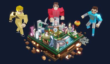 Metaverse Partisi 'nde ve Metaverse dünyasındaki VR kameralar ve kum havuzu 3D illüstrasyonları aracılığıyla çevrimiçi toplantılarda görünenler
