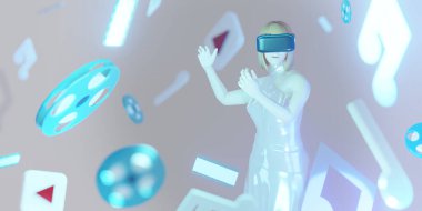 VR Gözlüklü Ortam Oynatıcı Film İzliyor Müzik Eğlencesi Partisi Metaverse 3D İllüstrasyonları