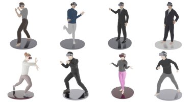 Metaverse dünya setinde sosyal medya Avatarlarını kullanan vr gözlük takan adam, kırpma yolu olan beyaz bir arkaplanda izole edilmiş 3d illüstrasyon içeriyordu