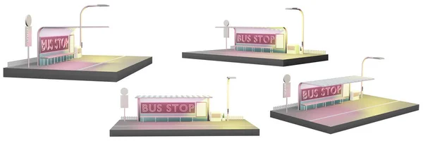 Bus Stop Model Cartoon Bus Station Set Included Illustration Isolated — Stockfoto