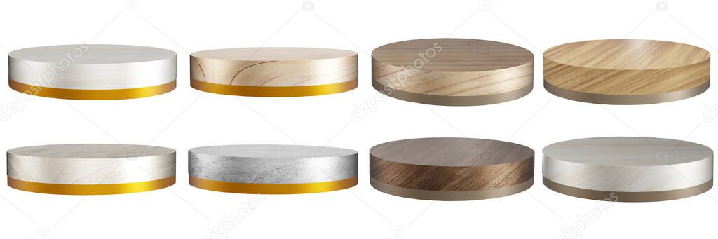 gold edged wooden podium Product display stand with wooden base  set included 3d illustration isolated on a white background with clipping path