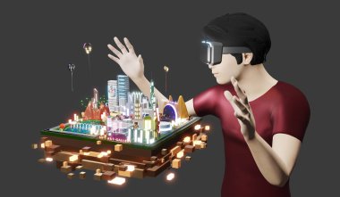 the sandbox Land Gamers Play games via VR glasses trade sandbox land and Metaverse 3D illustration
