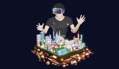 the sandbox Land Gamers Play games via VR glasses trade sandbox land and Metaverse 3D illustration