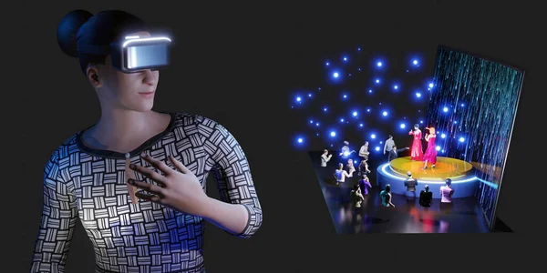 Party concerts in Metaverse, avatars and online music performances via VR glasses in the world of Metaverse 3D illustrations.