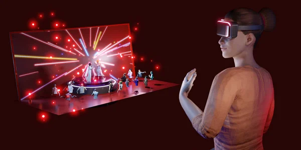 Metaverse 'teki parti konserleri, avatarlar ve çevrimiçi müzik performansları, Metaverse 3D illüstrasyonlar dünyasında VR gözlükleri aracılığıyla.