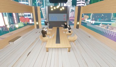 Metaverse Çalışma Odaları 'ndaki çevrimiçi toplantılar ve Metaverse Dünyası' ndaki sınıflarda insanlar üç boyutlu sanal dünyalarda avatarlar.