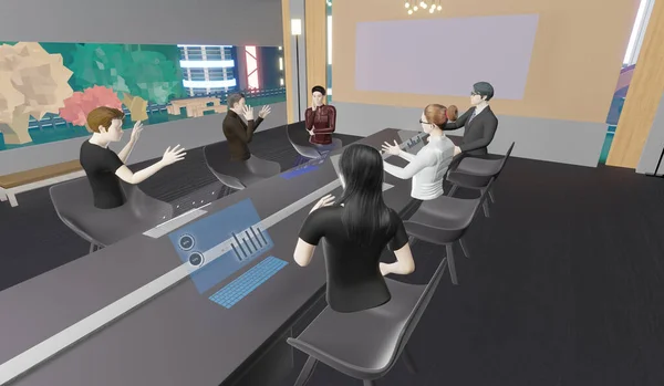Metaverse Çalışma Odaları 'ndaki çevrimiçi toplantılar ve Metaverse Dünyası' ndaki sınıflarda insanlar üç boyutlu sanal dünyalarda avatarlar.