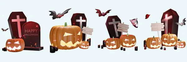 pumpkin halloween night gravestones bats and ghosts set included 3d illustration isolated on a white background with clipping path