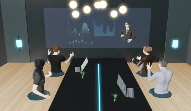 Avatars in Metaverse online meeting office and classroom People in the world of Metaverse 3D illustration