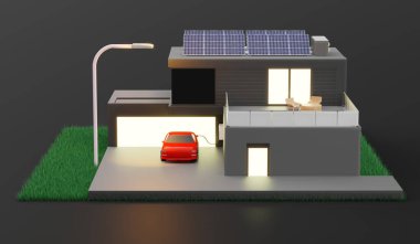 smart home solar photovoltaic home Energy Saving Ecosystem Isometric Solar Home System Diagram solar energy 3d illustration