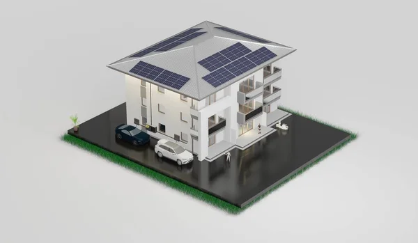 House roof with solar panels Smart home power system solar cells energy saving homes solar energy 3d illustration