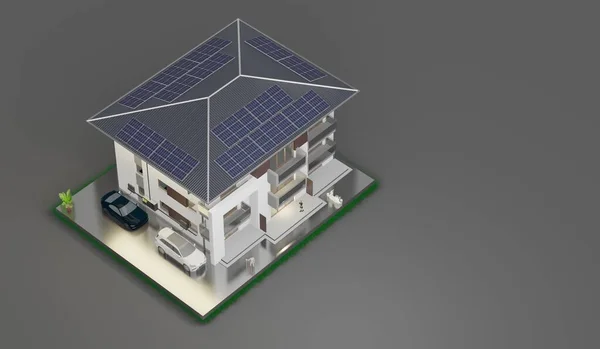 House roof with solar panels Smart home power system solar cells energy saving homes solar energy 3d illustration