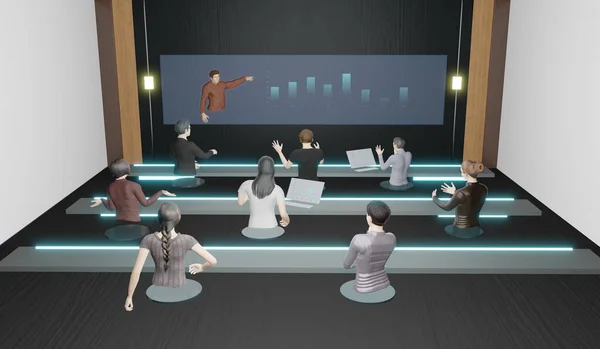 Online classes online seminars online meeting Avatars in the office and classroom People in Metaverse 3D illustration