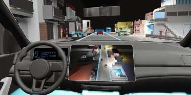 Auto Pilot car driverless object detection sensor digital speedometer autonomous car self-driving vehicle  UGV Advanced driver assistant system  3d illustration